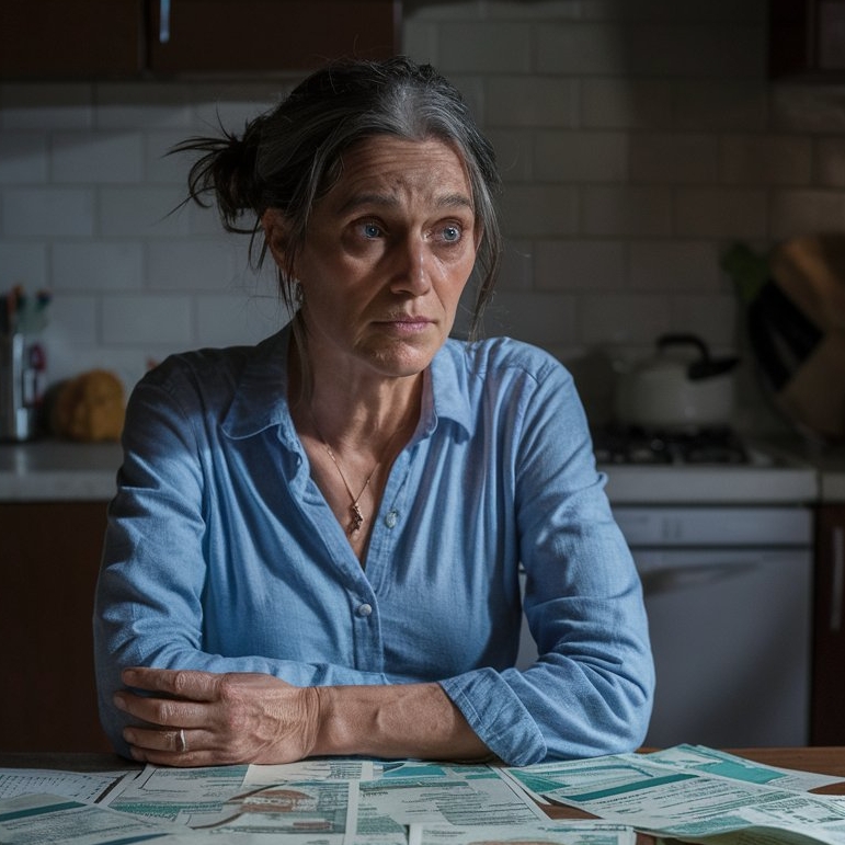 Une femme assise seule à une table de cuisine couverte de fatcures | Source : Midjourney