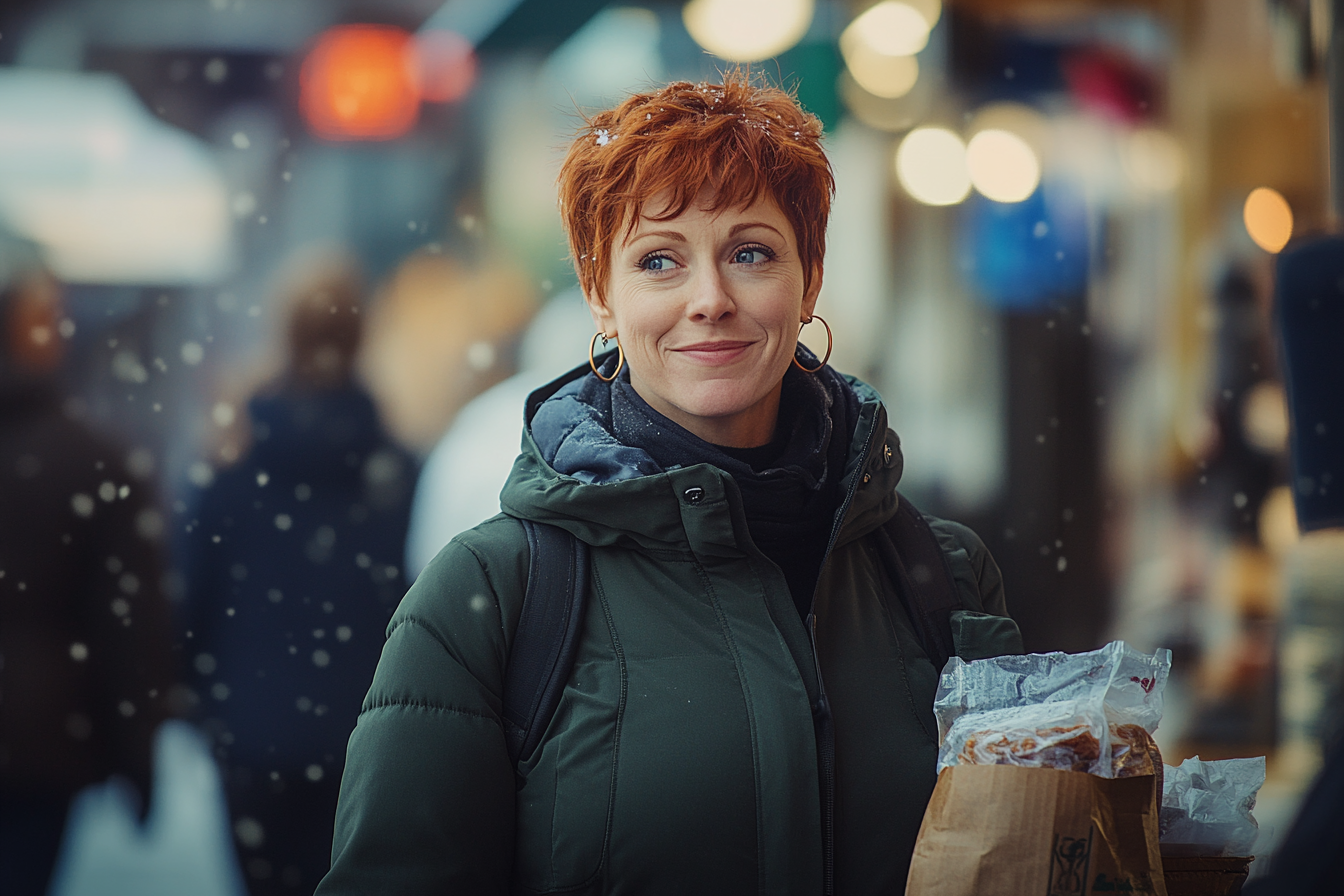 Femme d'une trentaine d'années tenant une nourriture à emporter et souriant dans une rue enneigée | Source : Midjourney