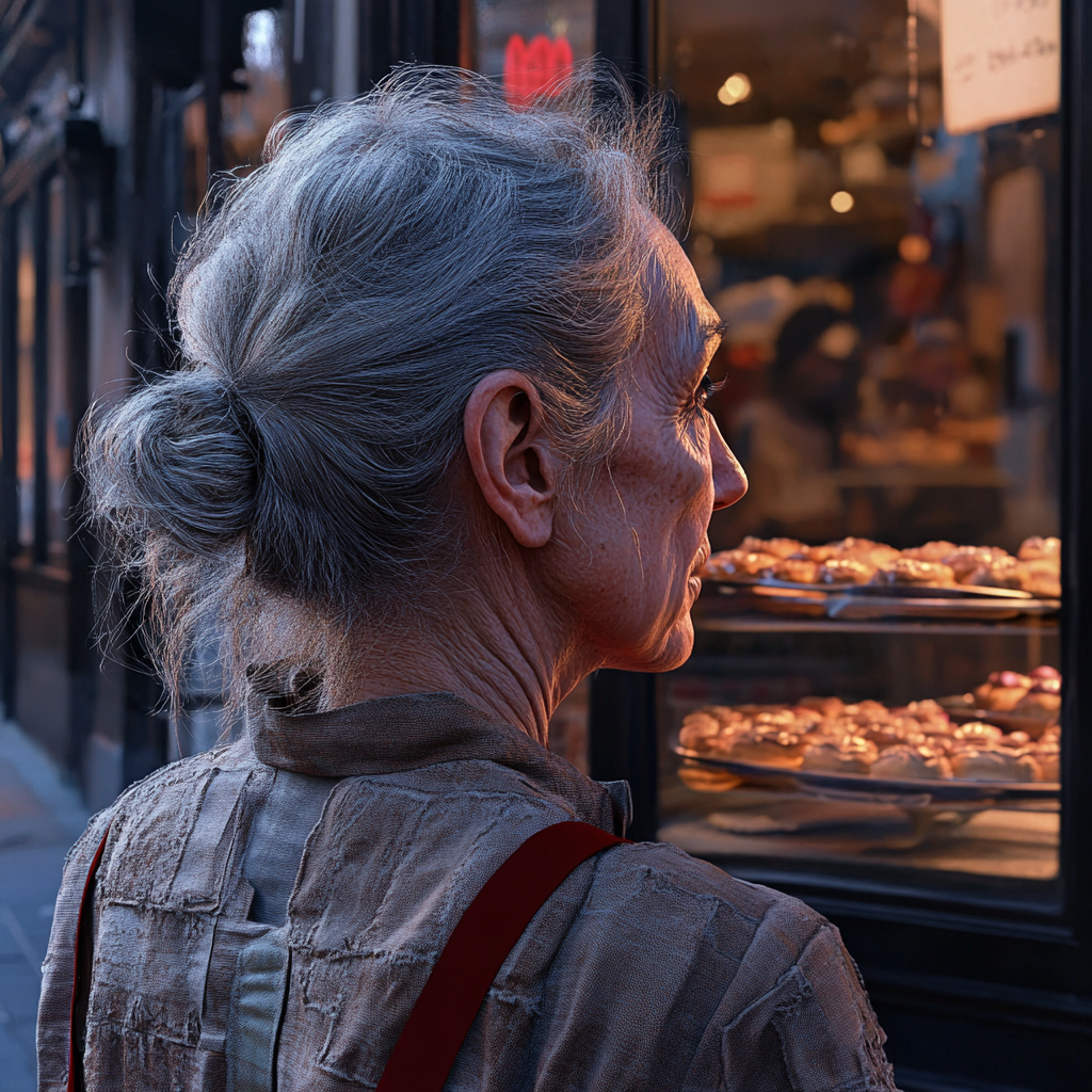 Une vieille dame désespérée se tenant devant une boulangerie | Source : Midjourney