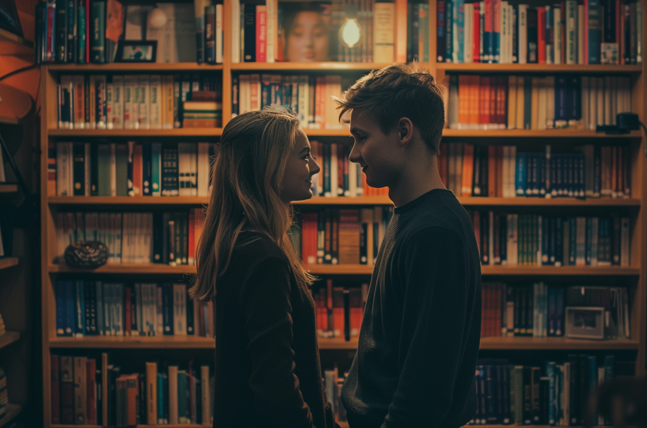 Un homme et une femme qui se regardent dans une librairie | Source : Midjourney