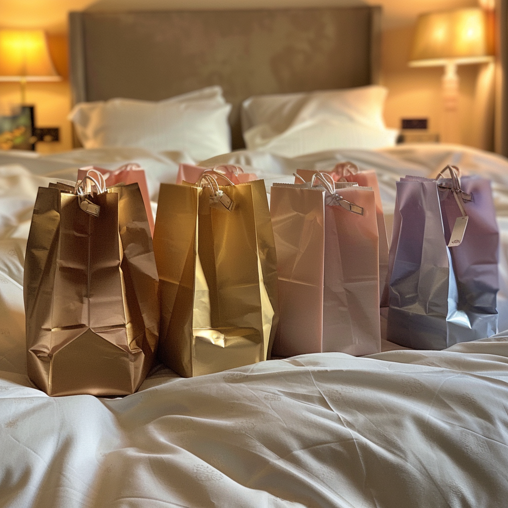Sacs cadeaux sur un lit | Source : Midjourney