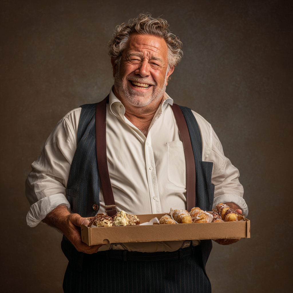Un homme heureux tenant une boîte de cannoli | Source : Midjourney