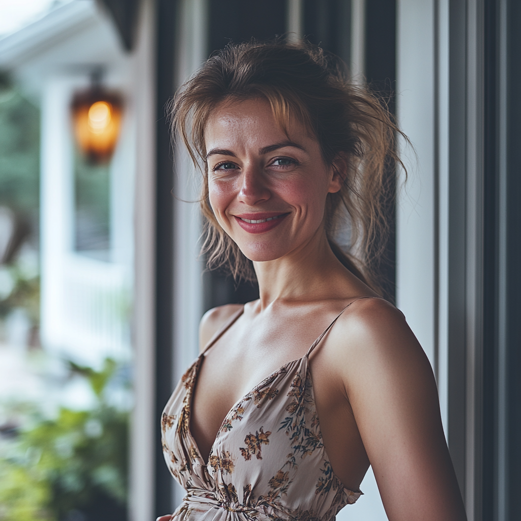 Une femme souriante devant sa maison | Source : Midjourney