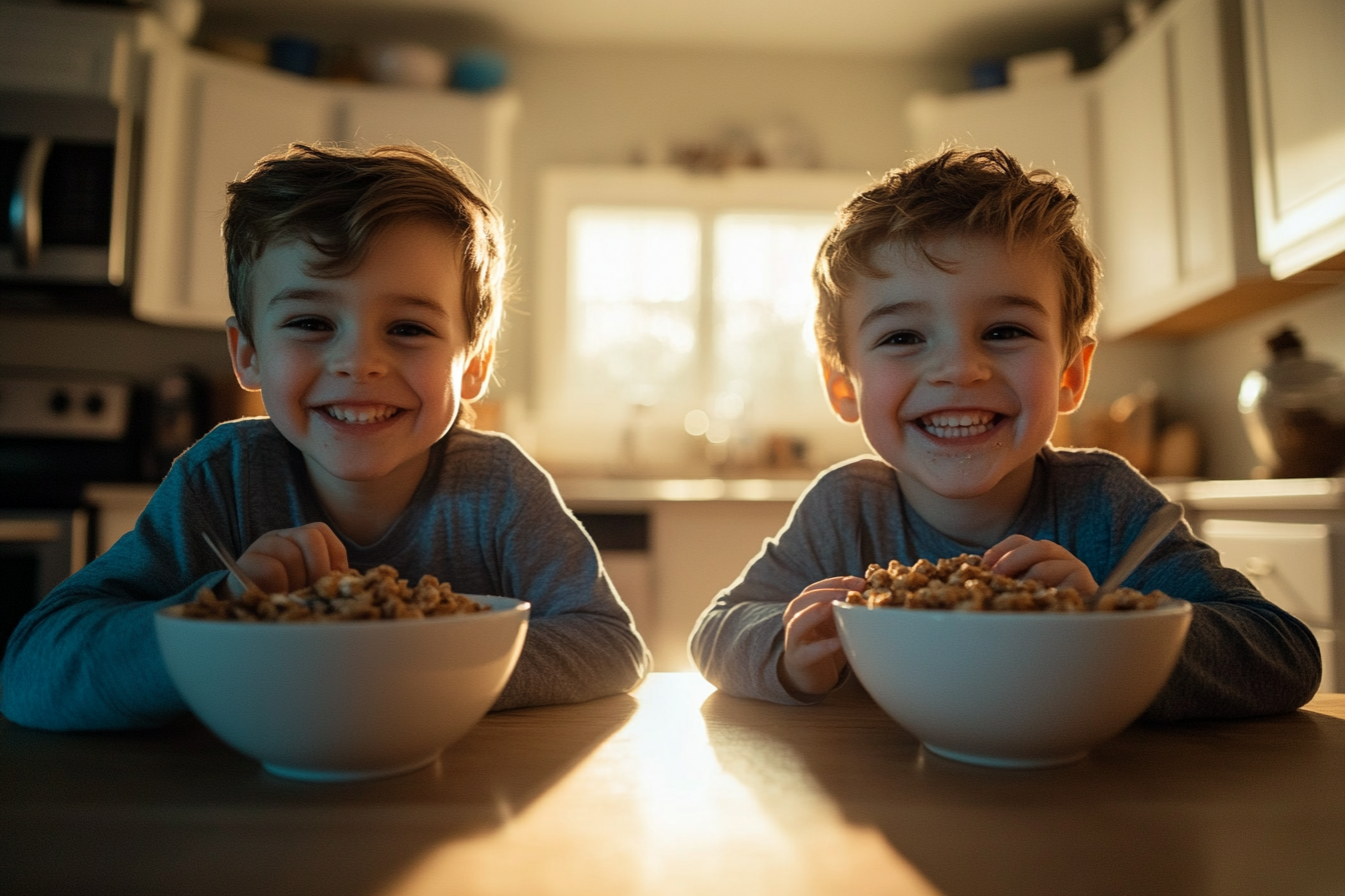 Deux garçons jumeaux, âgés de 7 ans, mangeant des céréales à la table de la cuisine le matin | Source : Midjourney