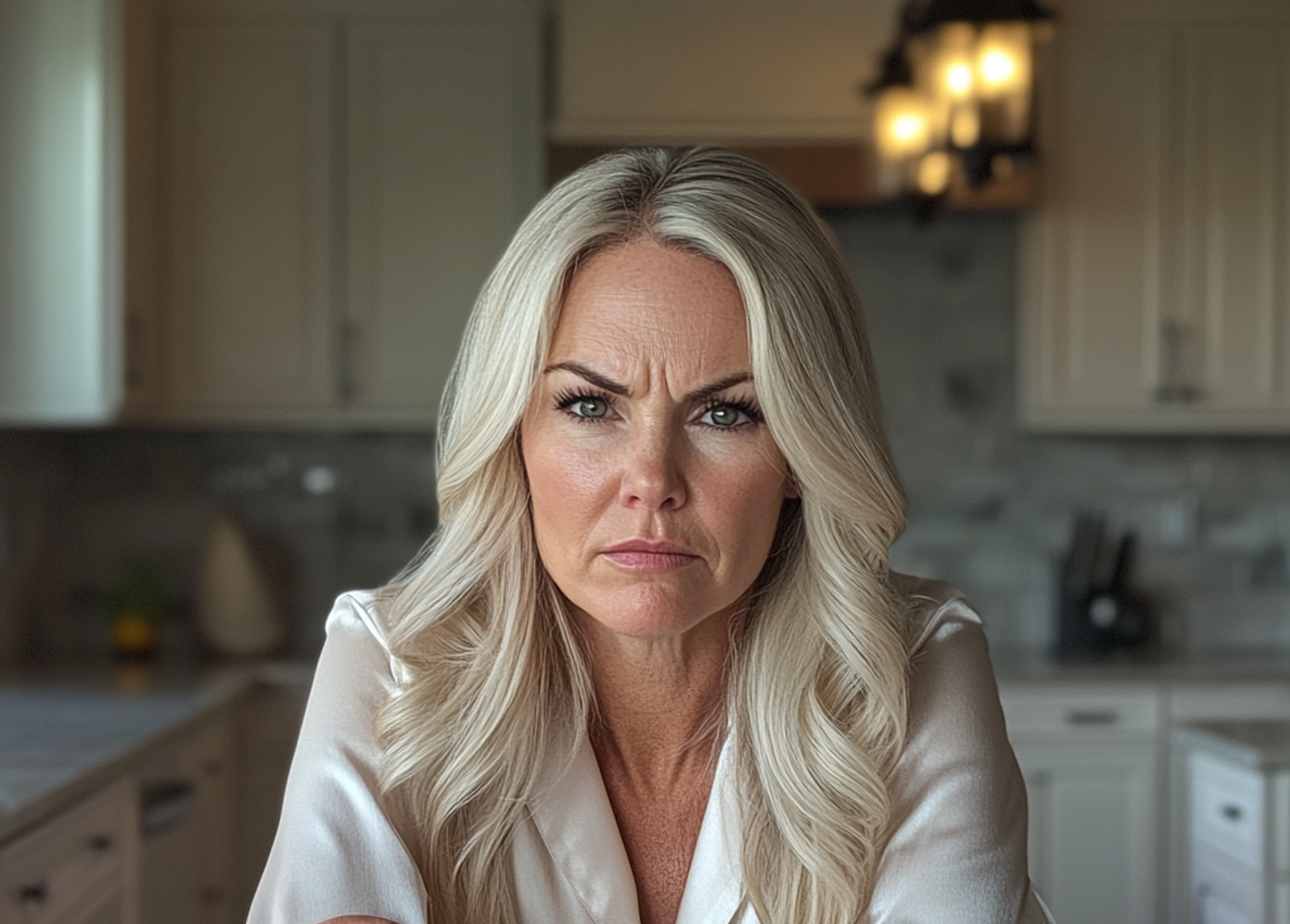 Une femme qui fronce les sourcils, assise à un comptoir | Source : Midjourney