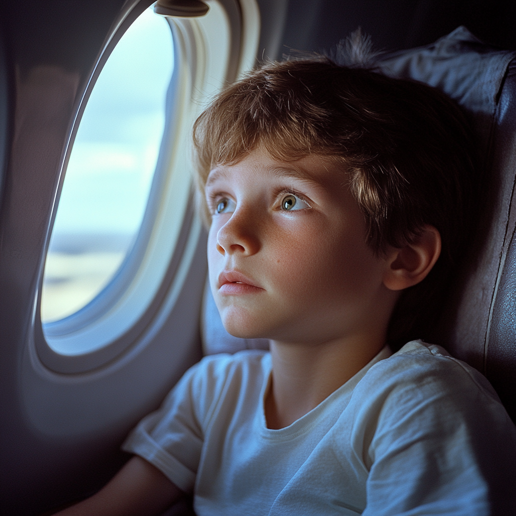 Un petit garçon nerveux assis sur son siège d'avion | Source : Midjourney