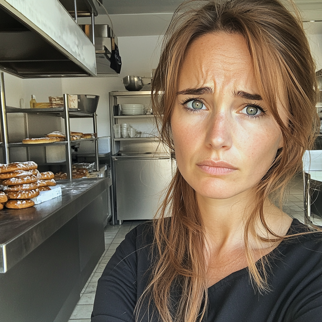 Une femme bouleversée debout dans la cuisine d'une boulangerie | Source : Midjourney