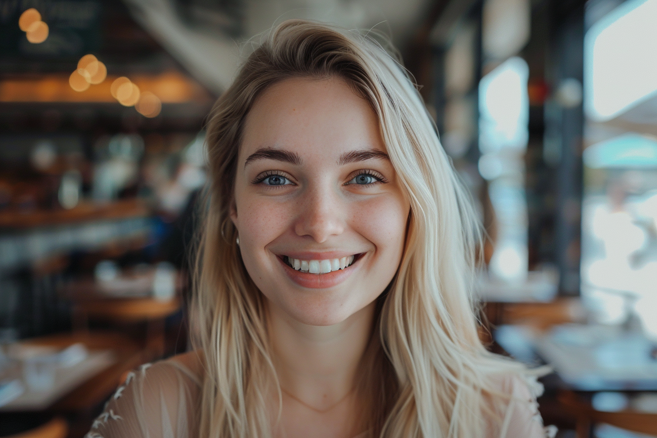 Une femme souriante dans un café | Source : Midjourney