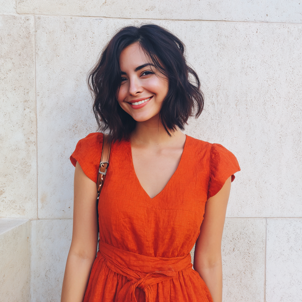 Une femme souriante portant une robe orange | Source : Midjourney