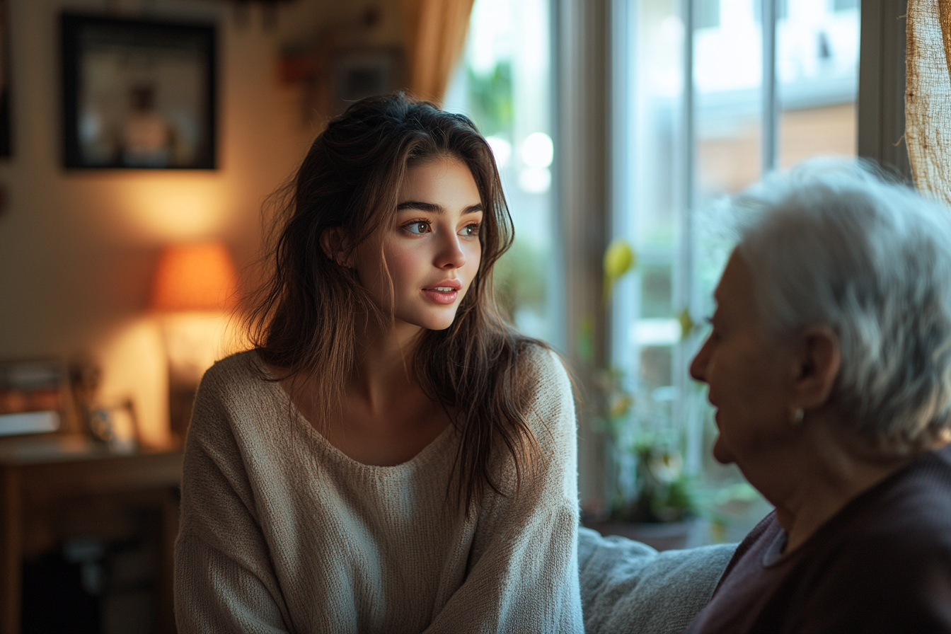 Une jeune femme et une femme âgée en pleine conversation | Source : Midjourney