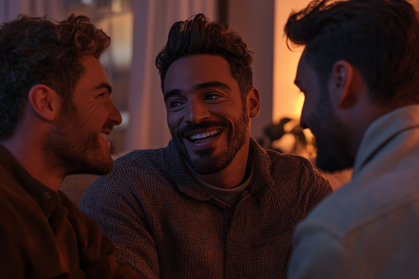 Trois amis assis dans un salon | Source : Midjourney
