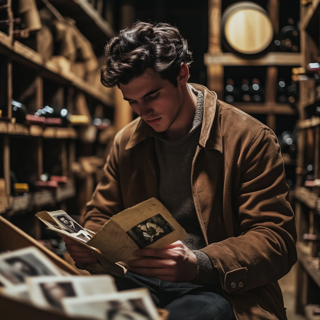 Un homme qui regarde des photos dans une cave à vin | Source : Midjourney