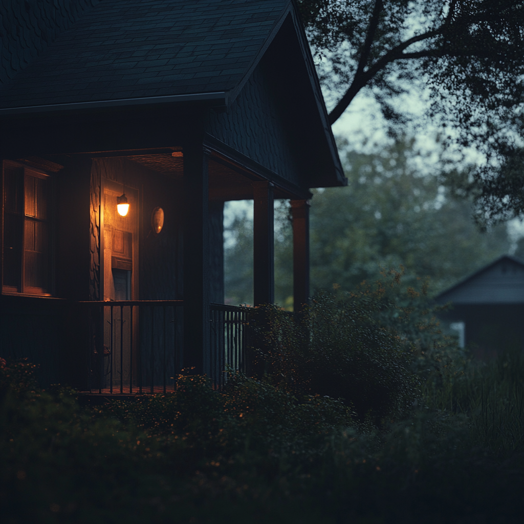 Une maison sombre avec la lumière du porche allumée | Source : Midjourney