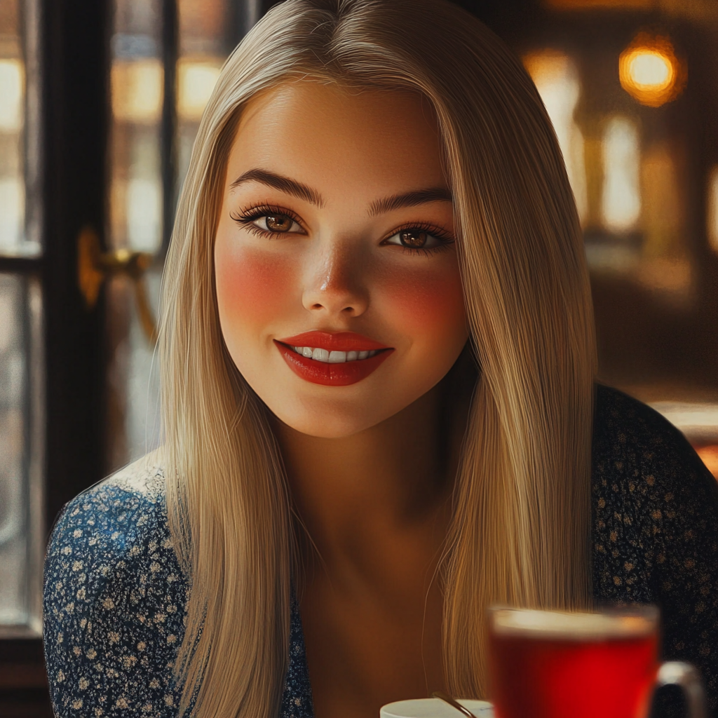 Une femme souriante assise dans un café | Source : Midjourney