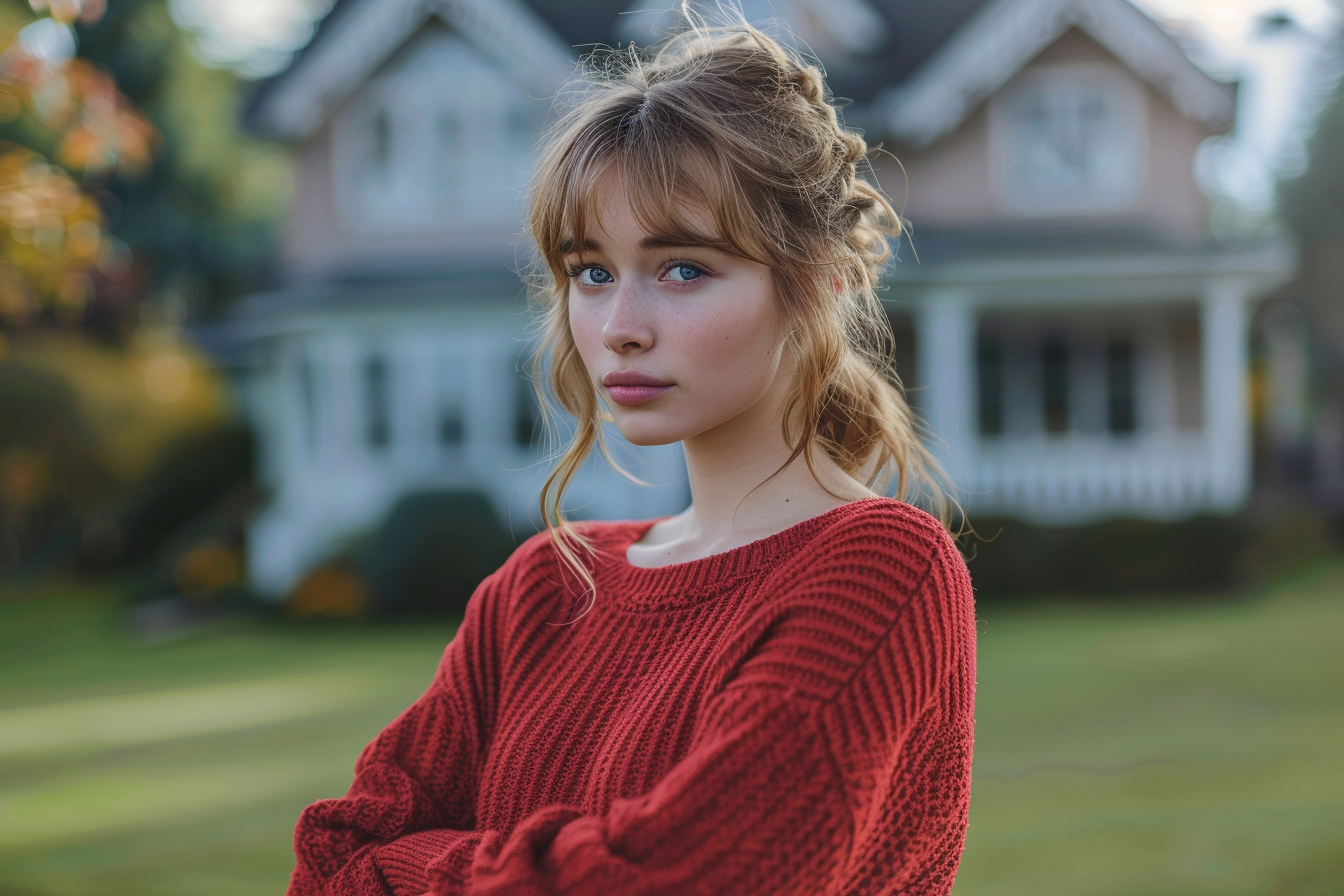 Une femme bouleversée devant sa maison | Source : Midjourney