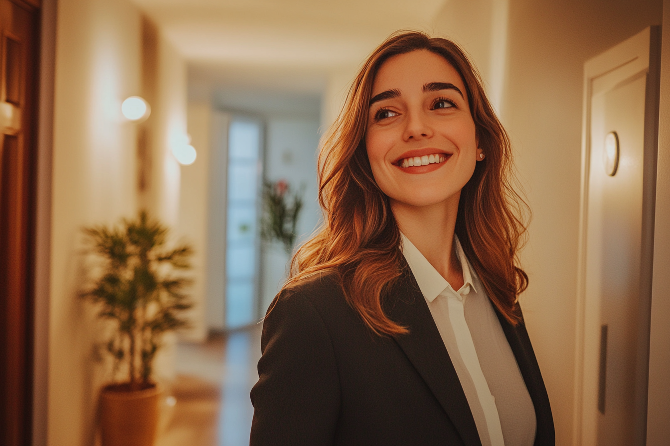 Une femme souriante dans sa maison | Source : Midjourney