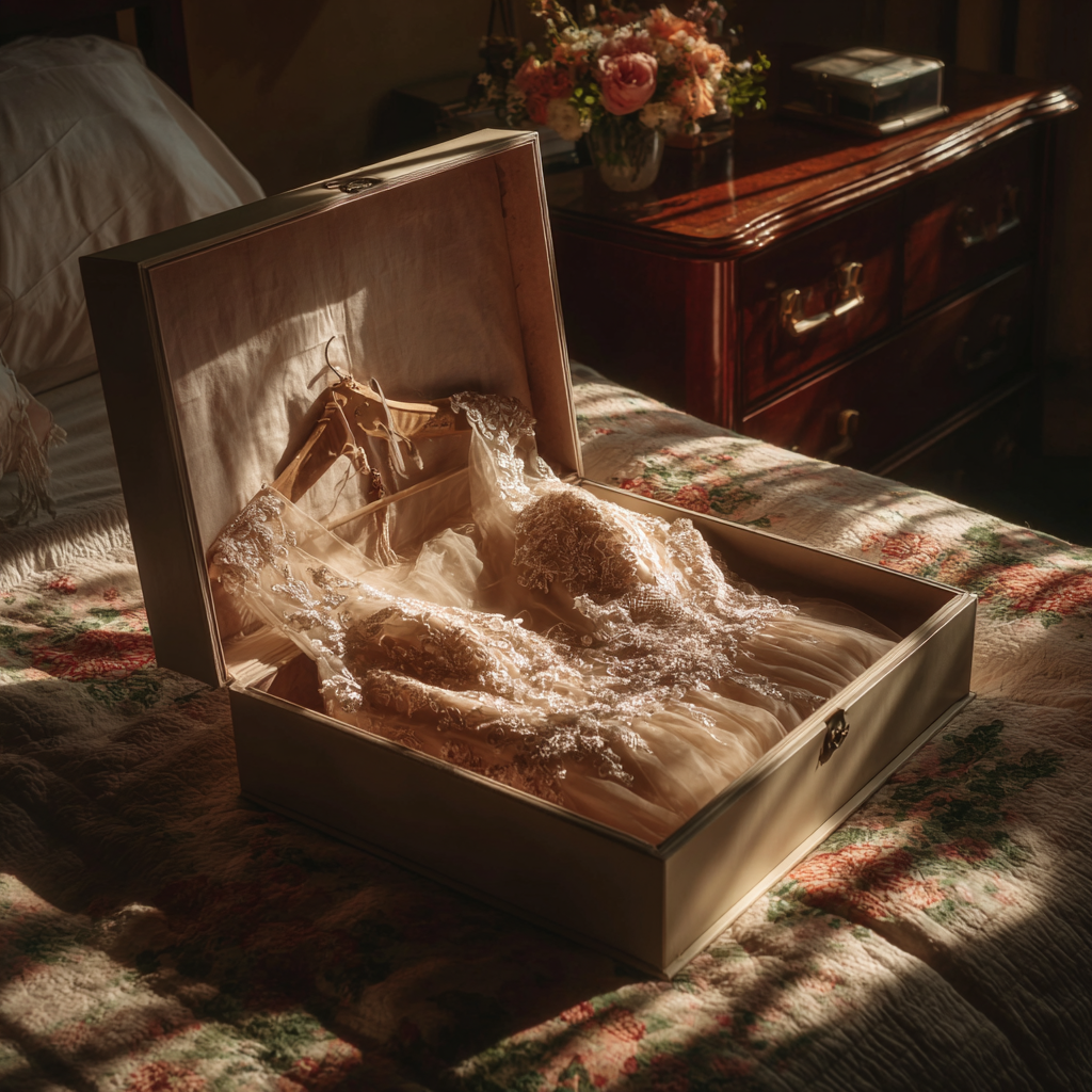 Une robe de mariée vintage dans une boîte | Source : Midjourney