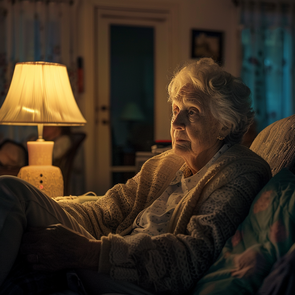Une grand-mère se sentant nostalgique alors qu'elle est assise sur un canapé la nuit | Source : Midjourney