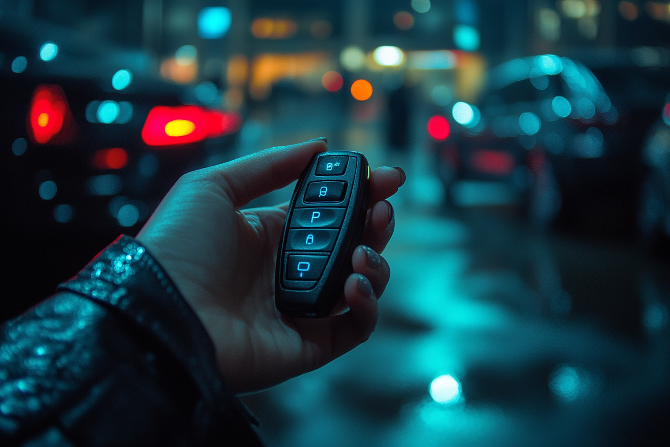 Gros plan d'une femme tenant un porte-clés de voiture dans un parking | Source : Midjourney