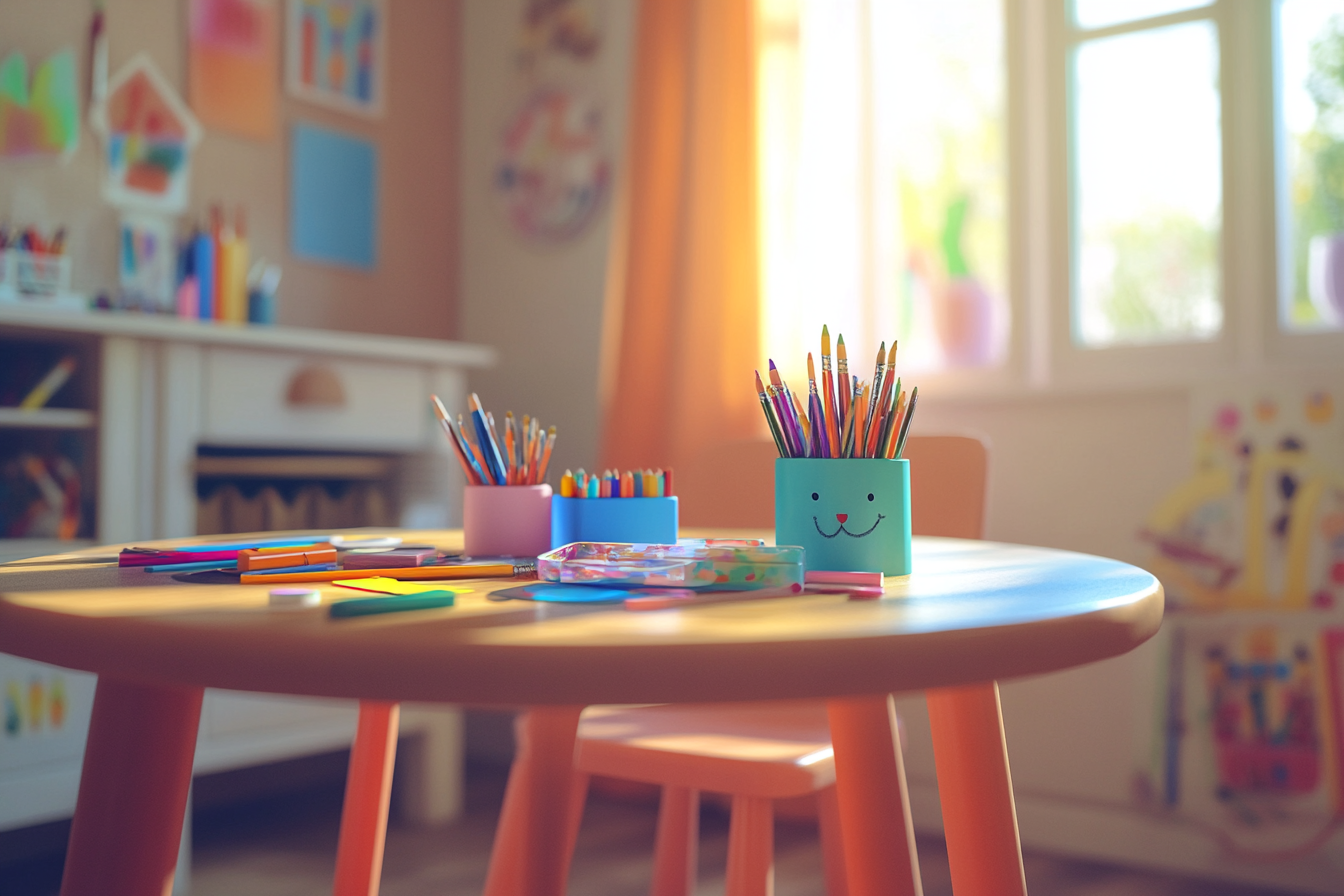 Une table avec du matériel de dessin dans la chambre d'un enfant | Source : Midjourney