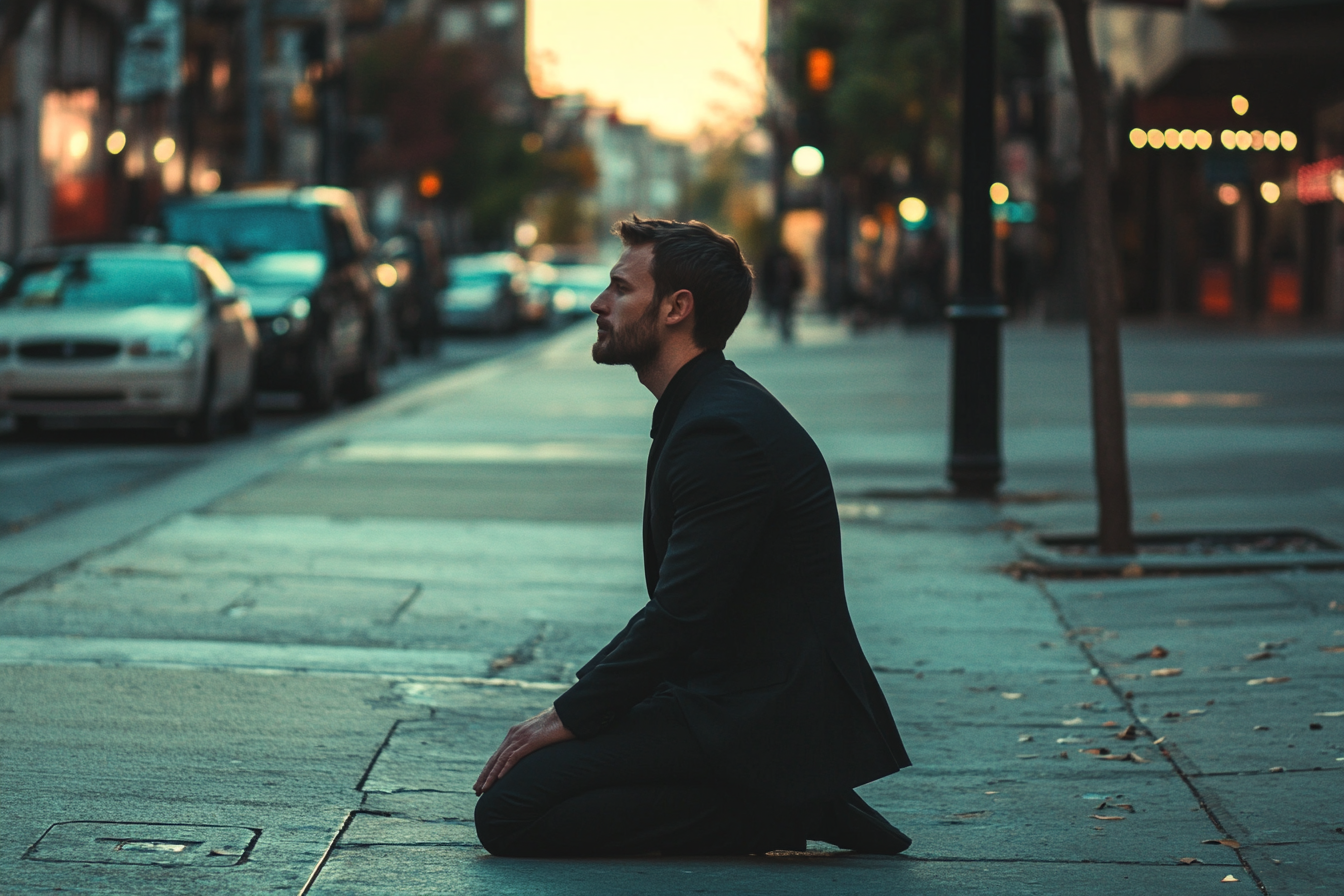 Un homme agenouillé sur un trottoir de la ville | Source : Midjourney