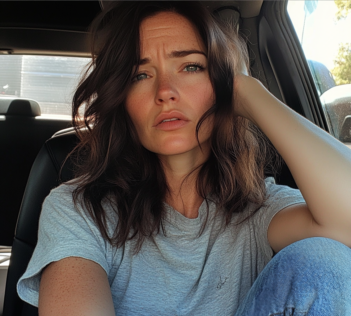 Une femme bouleversée assise dans une voiture | Source : Midjourney