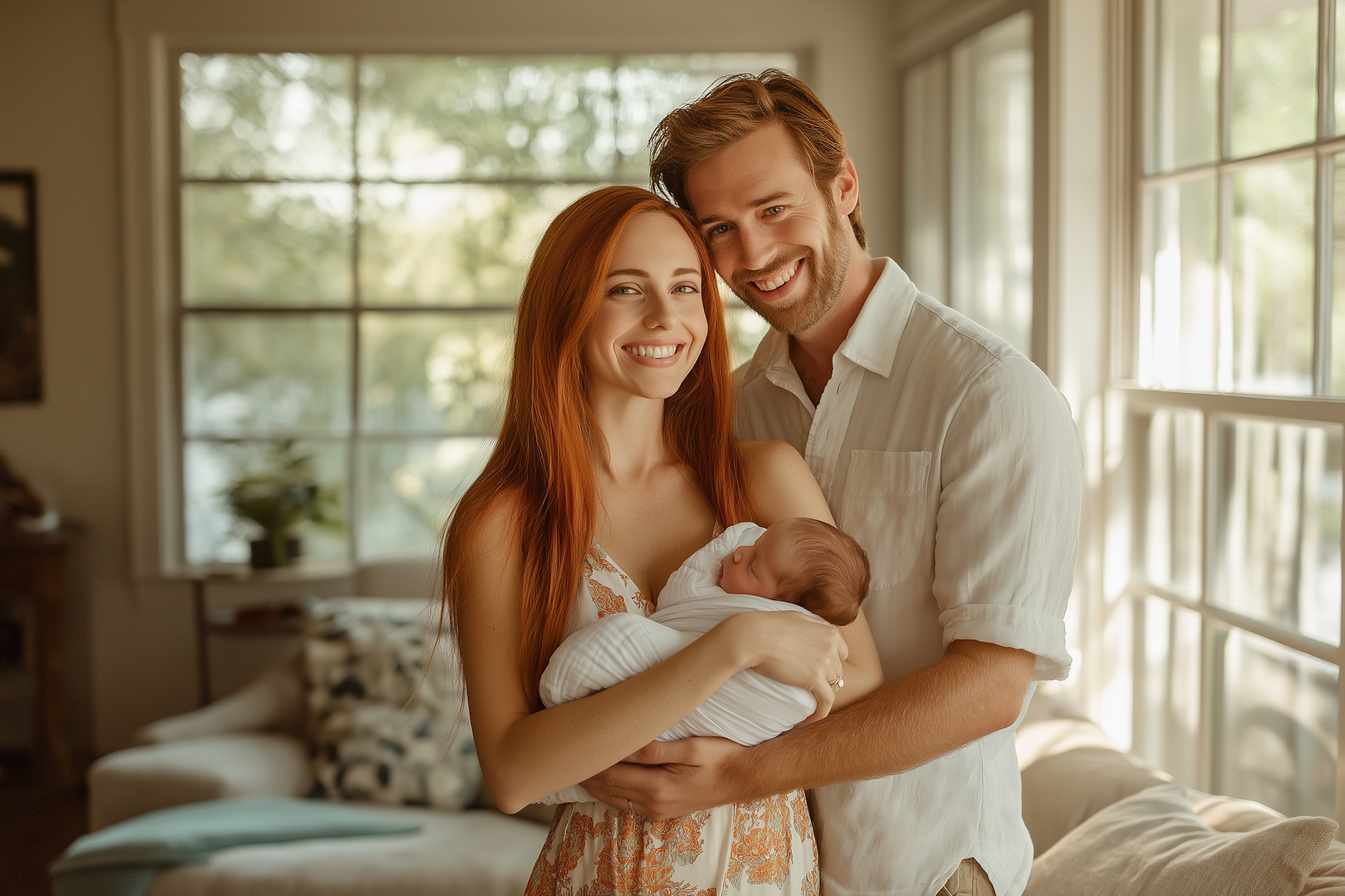 Un couple sourit alors qu'il se tient tout près, tenant un bébé à l'intérieur d'une belle maison | Source : Midjourney