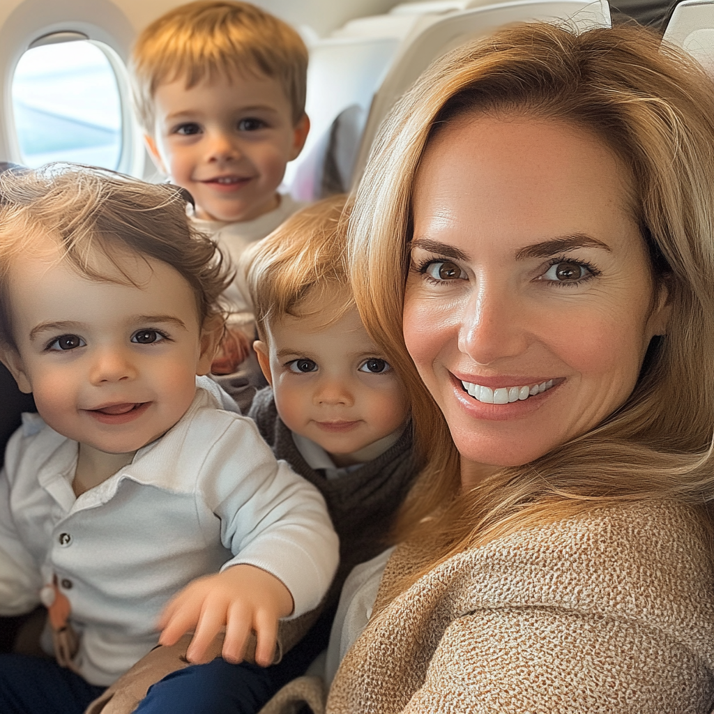 Une maman avec trois enfants dans un avion | Source : Midjourney