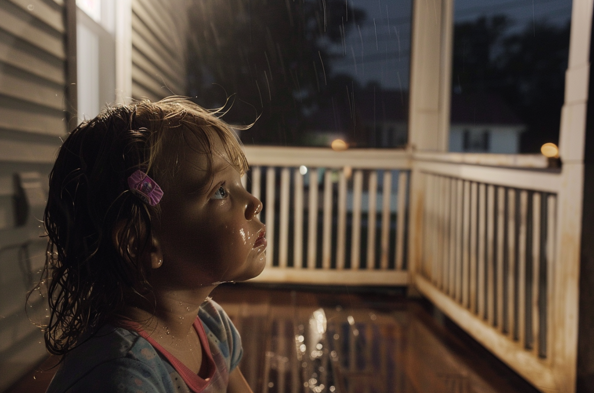 Une petite fille en bas âge se tient sous un porche la nuit | Source : MidJourney