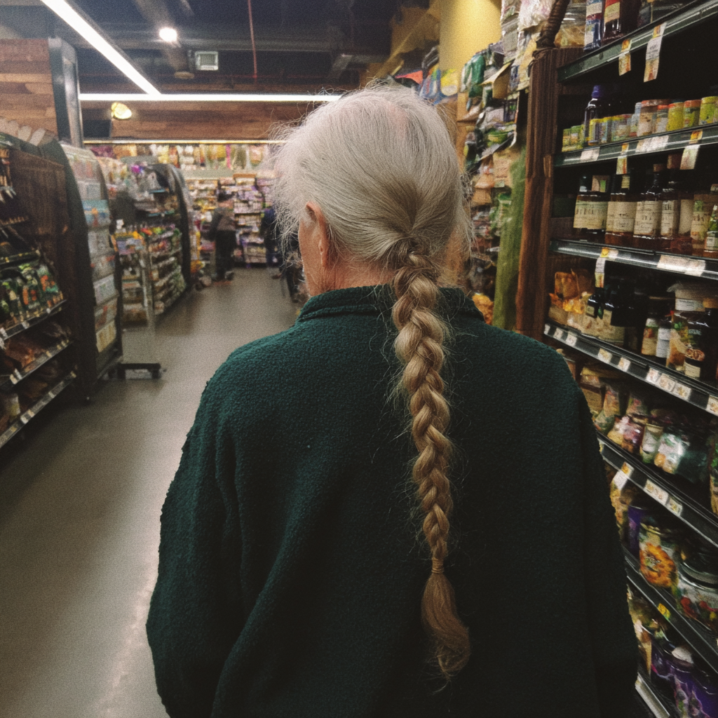 Une femme âgée marchant dans une allée d'épicerie | Source : Midjourney