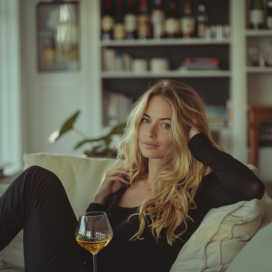 Une femme se détend sur le canapé avec un verre de vin | Source : Midjourney