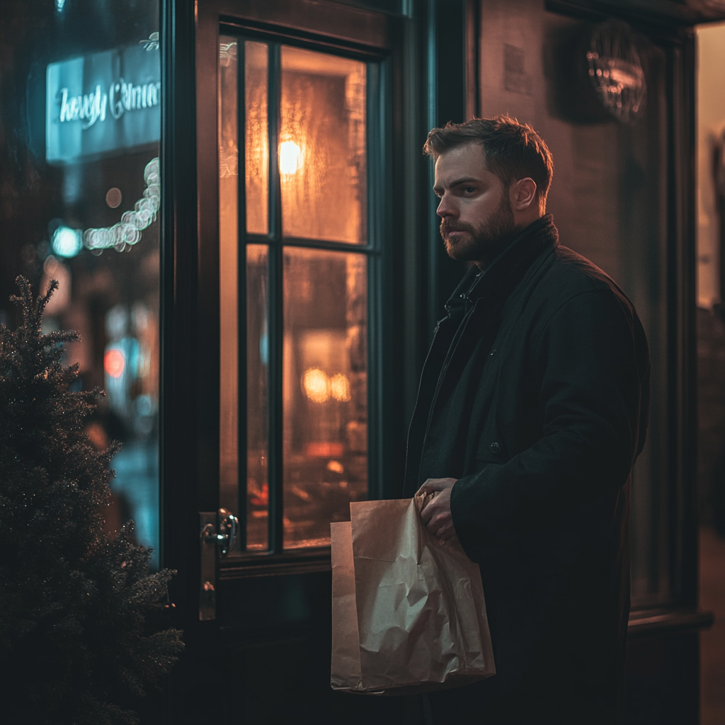 A man with takeaway bags near an apartment door | Source: Midjourney