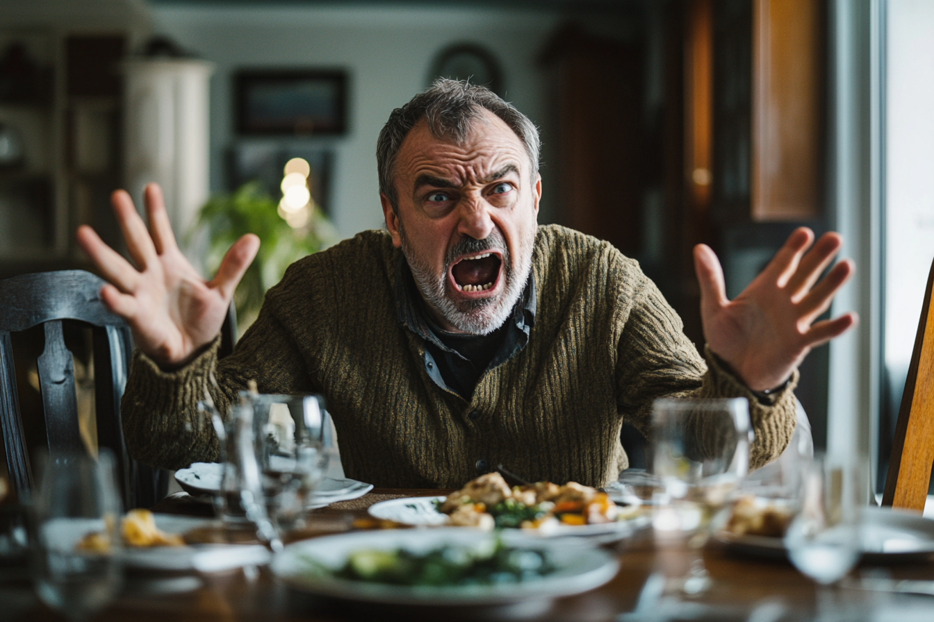 Un homme fait un geste de colère pendant le dîner | Source : Midjourney