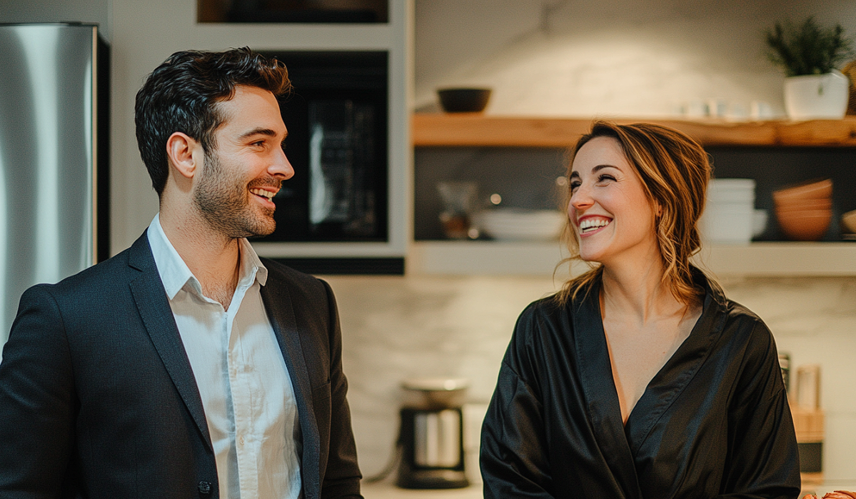 Un couple qui se sourit dans une cuisine | Source : Midjourney