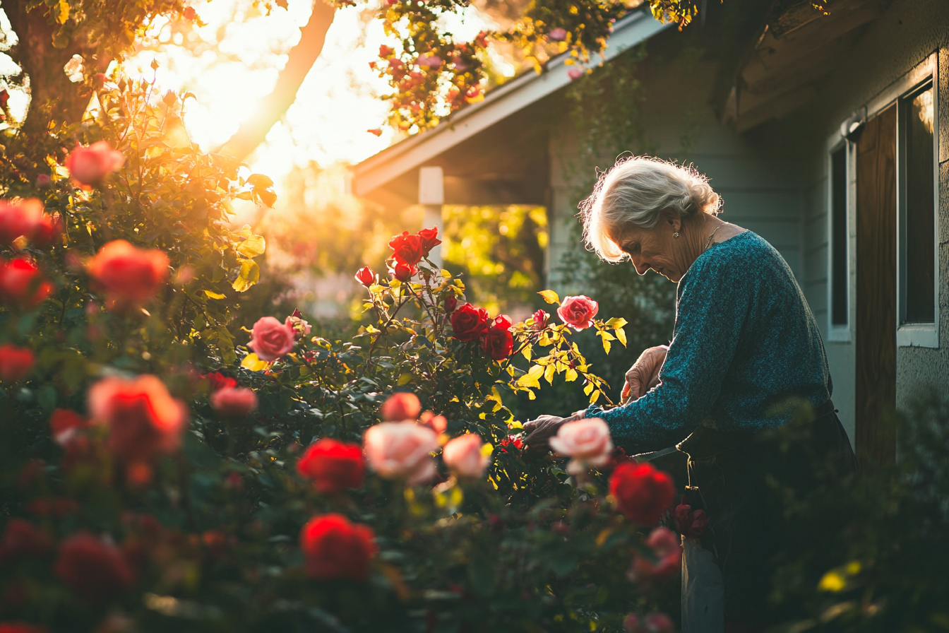 Femme d'une soixantaine d'années taillant des rosiers devant une belle maison | Source : Midjourney