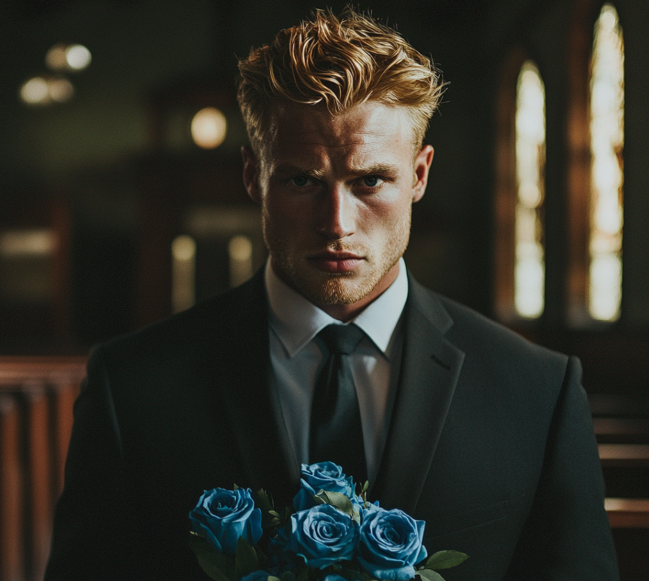 Un homme tenant un bouquet de roses bleues | Source : Midjourney