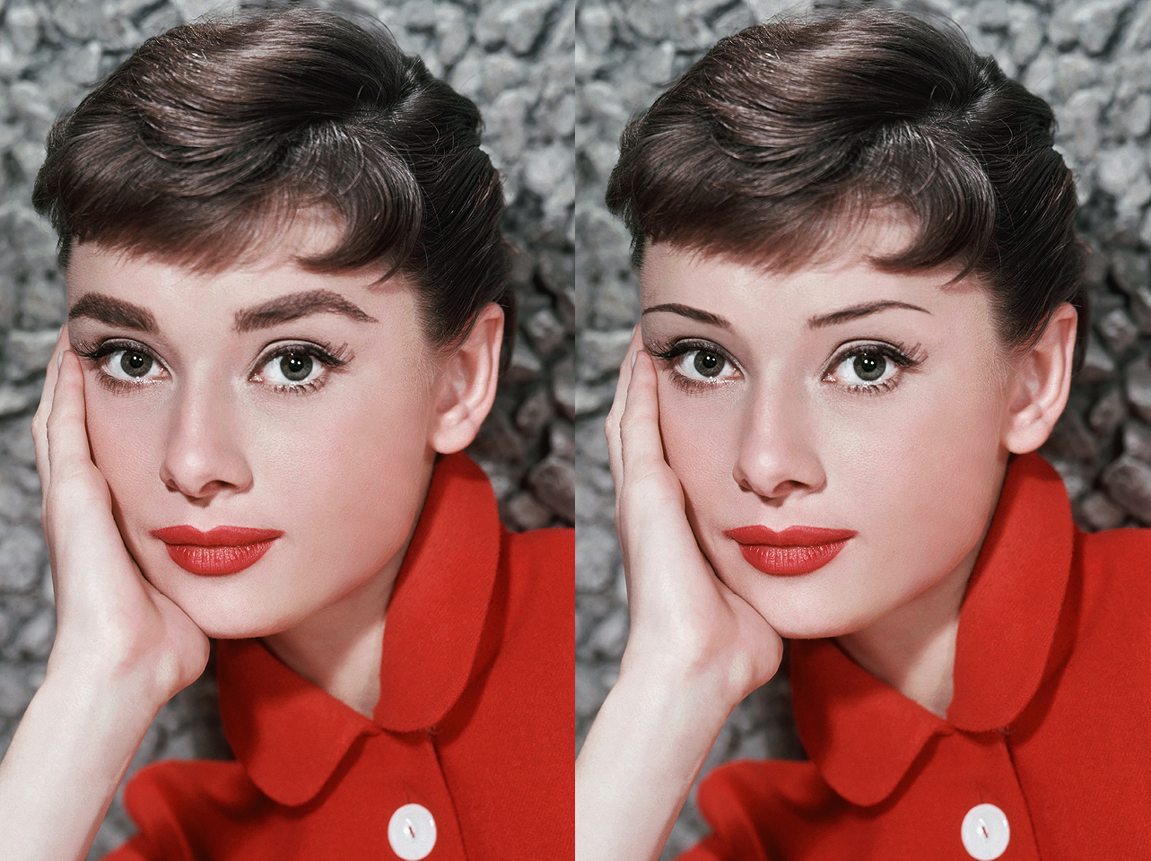 Les sourcils caractéristiques d'Audrey Hepburn dans les années 1950 contre un look de sourcils fins édité numériquement | Source : Getty Images