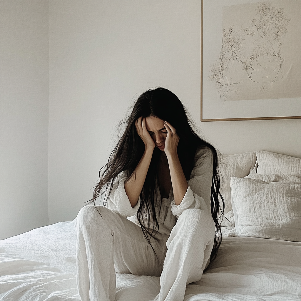 Une femme assise sur un lit | Source : Midjourney