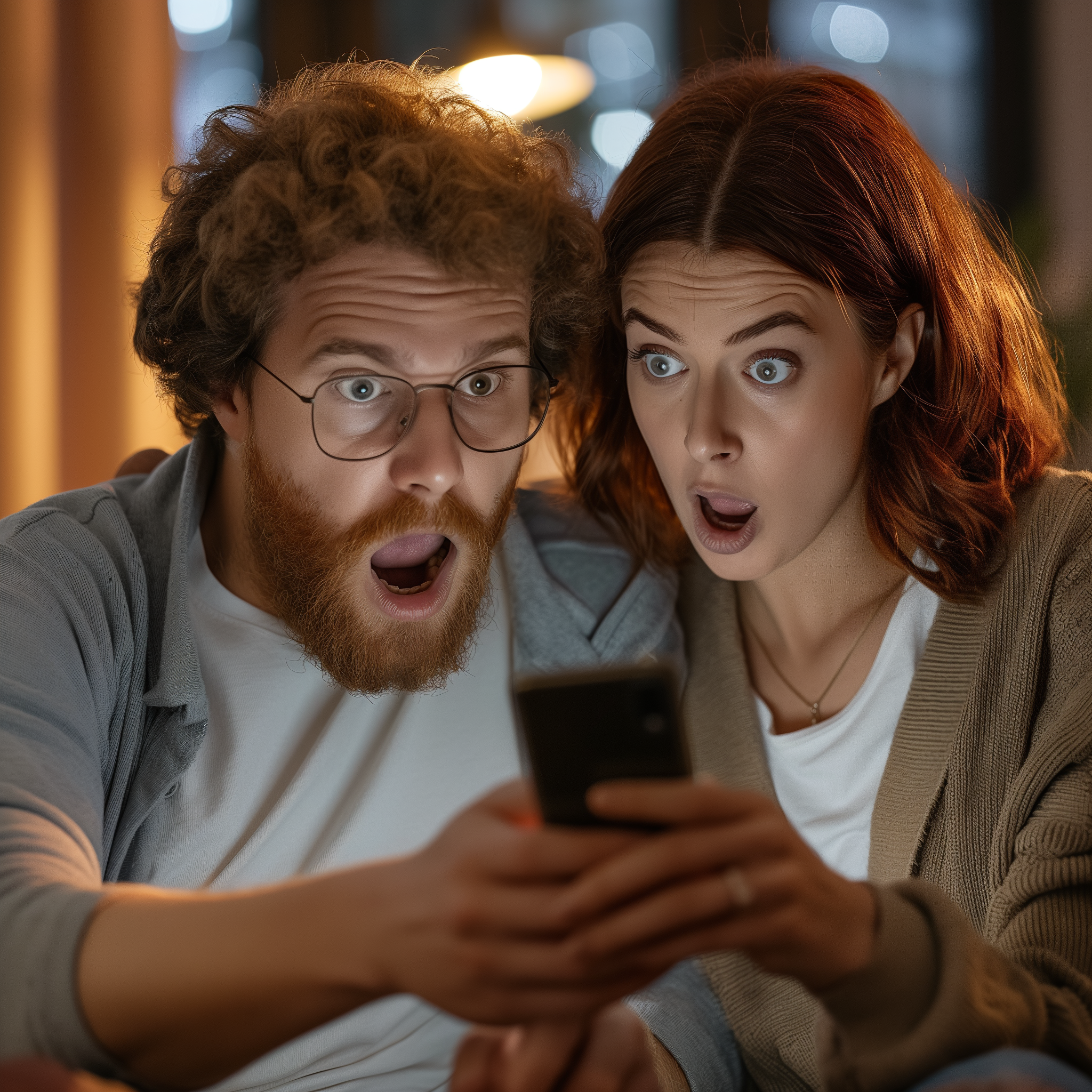 Un couple choqué regardant un écran de téléphone | Source : Midjourney