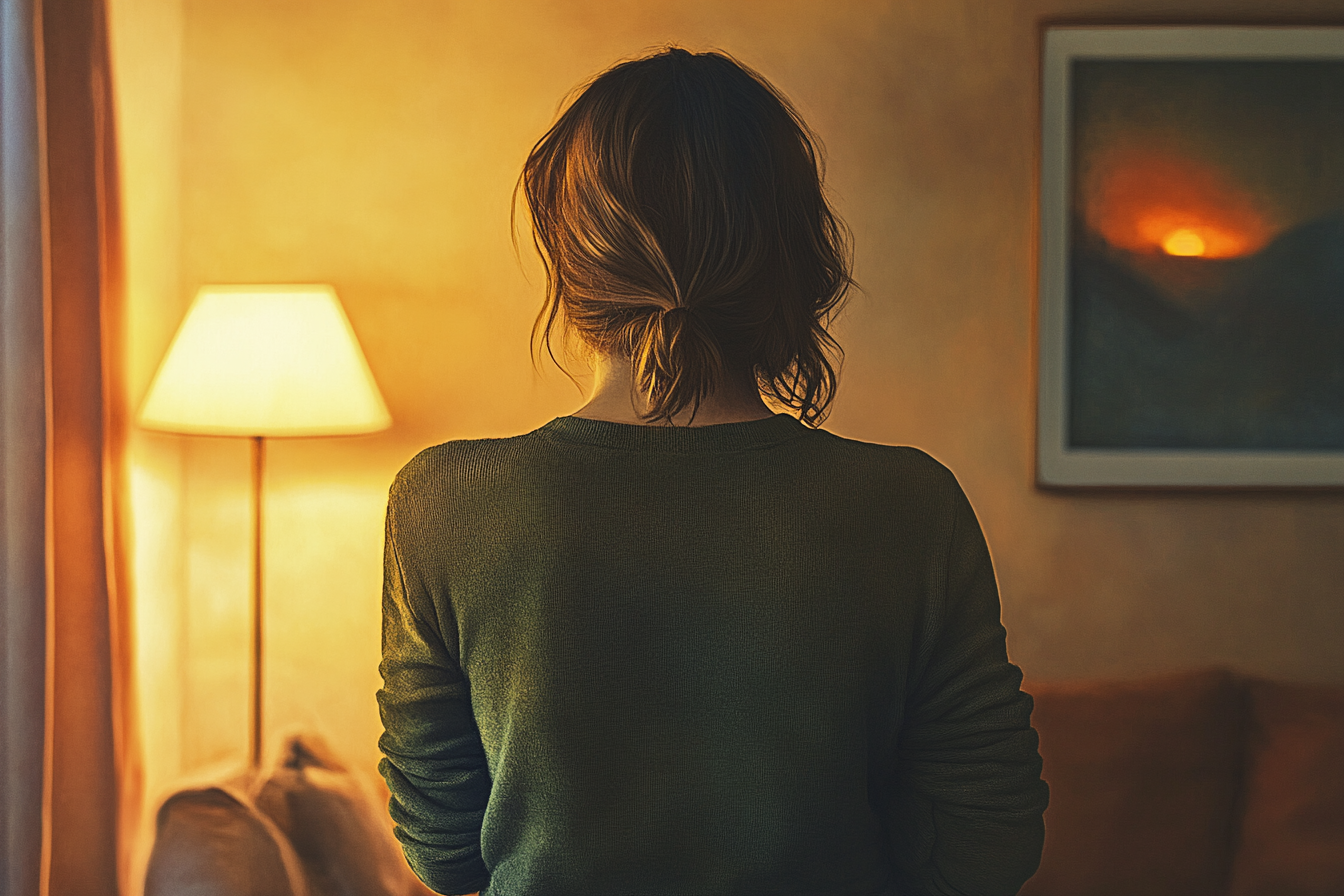 Vue arrière d'une femme debout dans le salon | Source : Midjourney