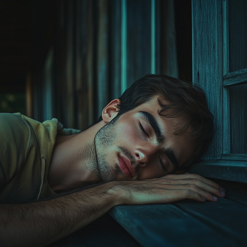Un jeune homme dormant sur le pas de la porte | Source : Midjourney