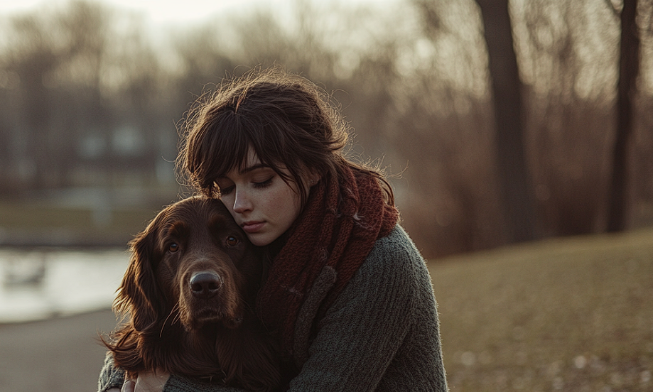 Une femme qui serre un gros chien dans ses bras | Source : Midjourney