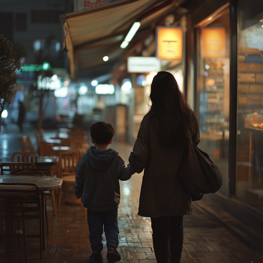 Mère et fils marchant à l'extérieur d'un restaurant vide | Source : Midjourney