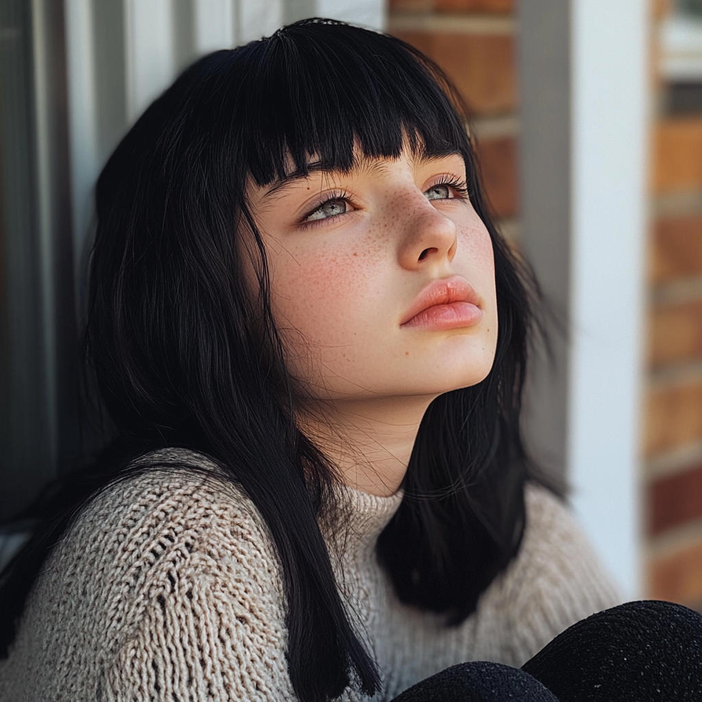 Une adolescente assise sous un porche | Source : Midjourney