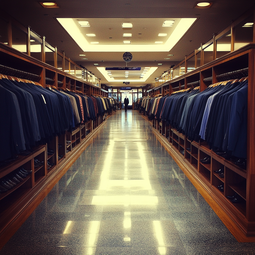 Une rangée de costumes dans un magasin | Source : Midjourney