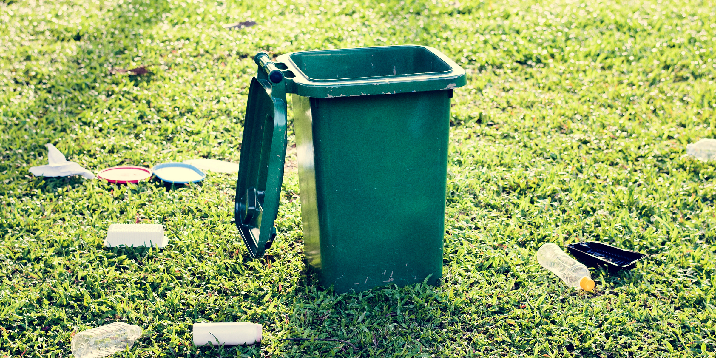 Une poubelle et des déchets sur une pelouse | Source : Shutterstock