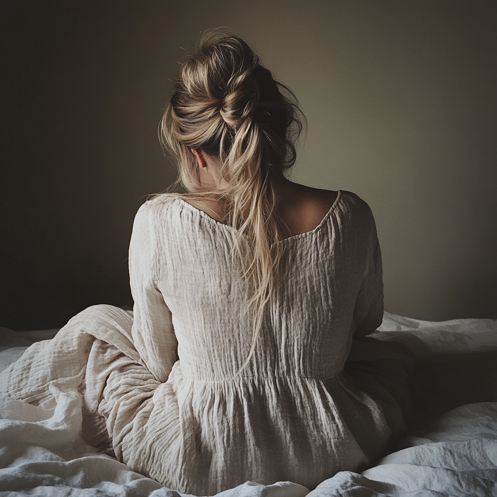 Une femme bouleversée assise sur son lit | Source : Midjourney