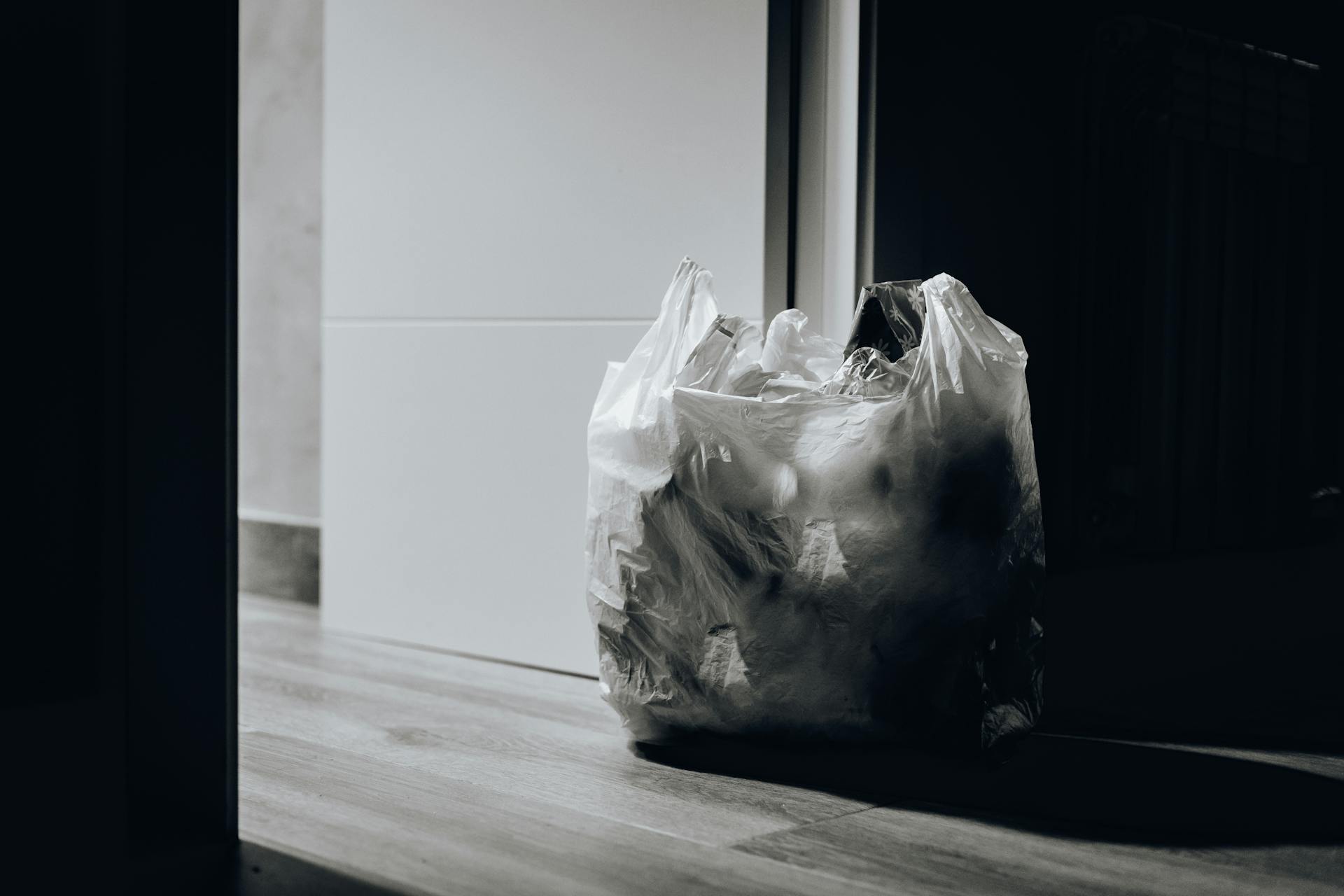 Un sac rempli de déchets devant une porte | Source : Pexels