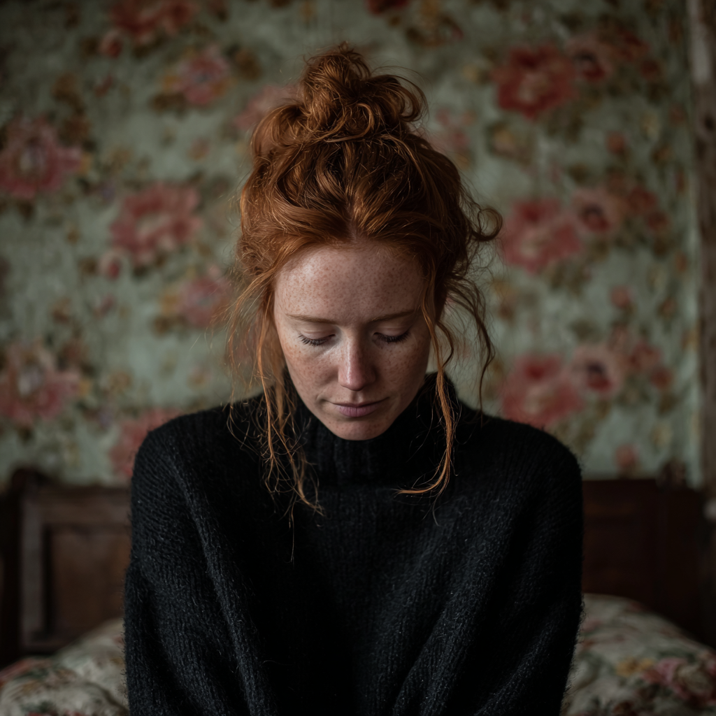 Une femme émotive assise sur un lit | Source : Midjourney