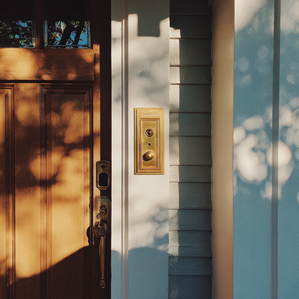 Une sonnette en or à côté d'une porte d'entrée | Source : Midjourney